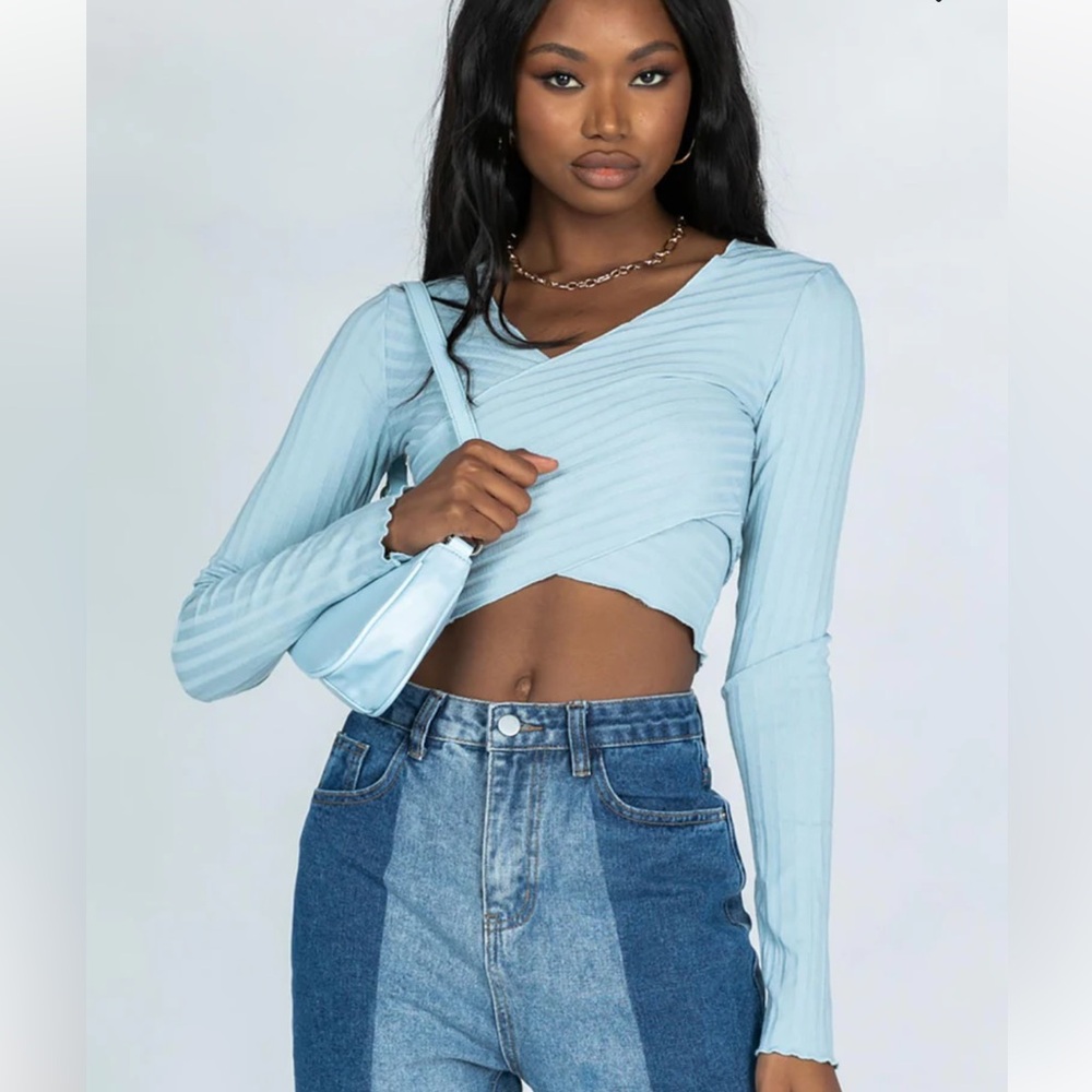 PRINCESS POLLY Abigail Ribbed Crop Top in Blue Size 4